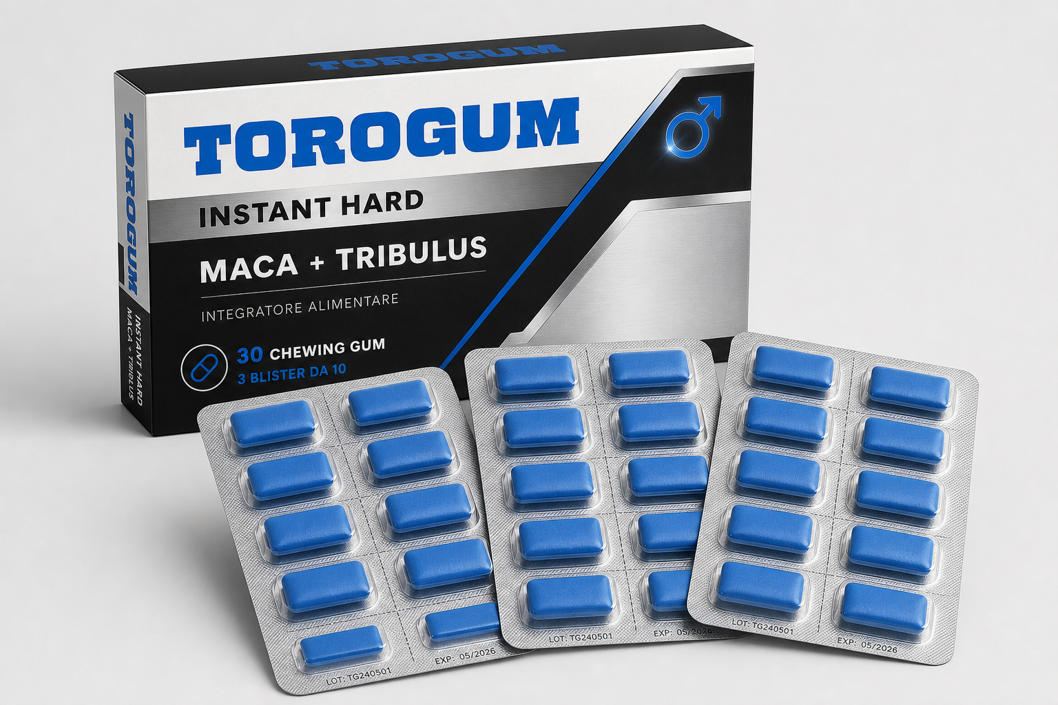 Mockup Torogum in blister farmaceutico con 30 chewing gum